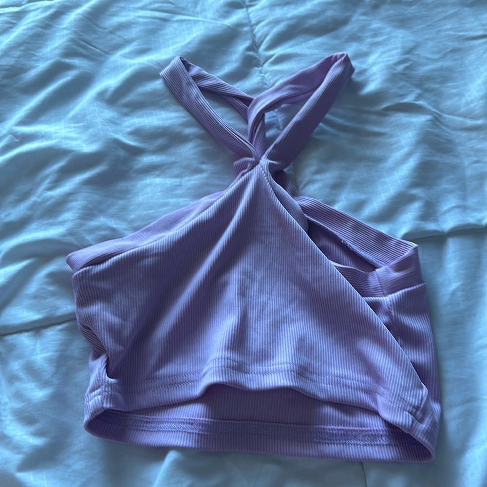 purple tank top with cross over neck